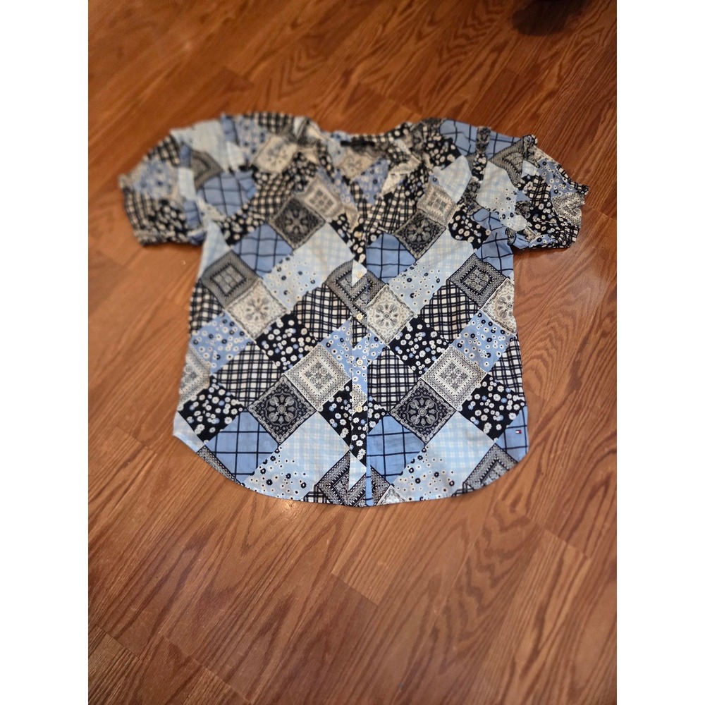 Tommy Hilfiger Patchwork Print Short Sleeve Button Up Shirt Women Size L G‎